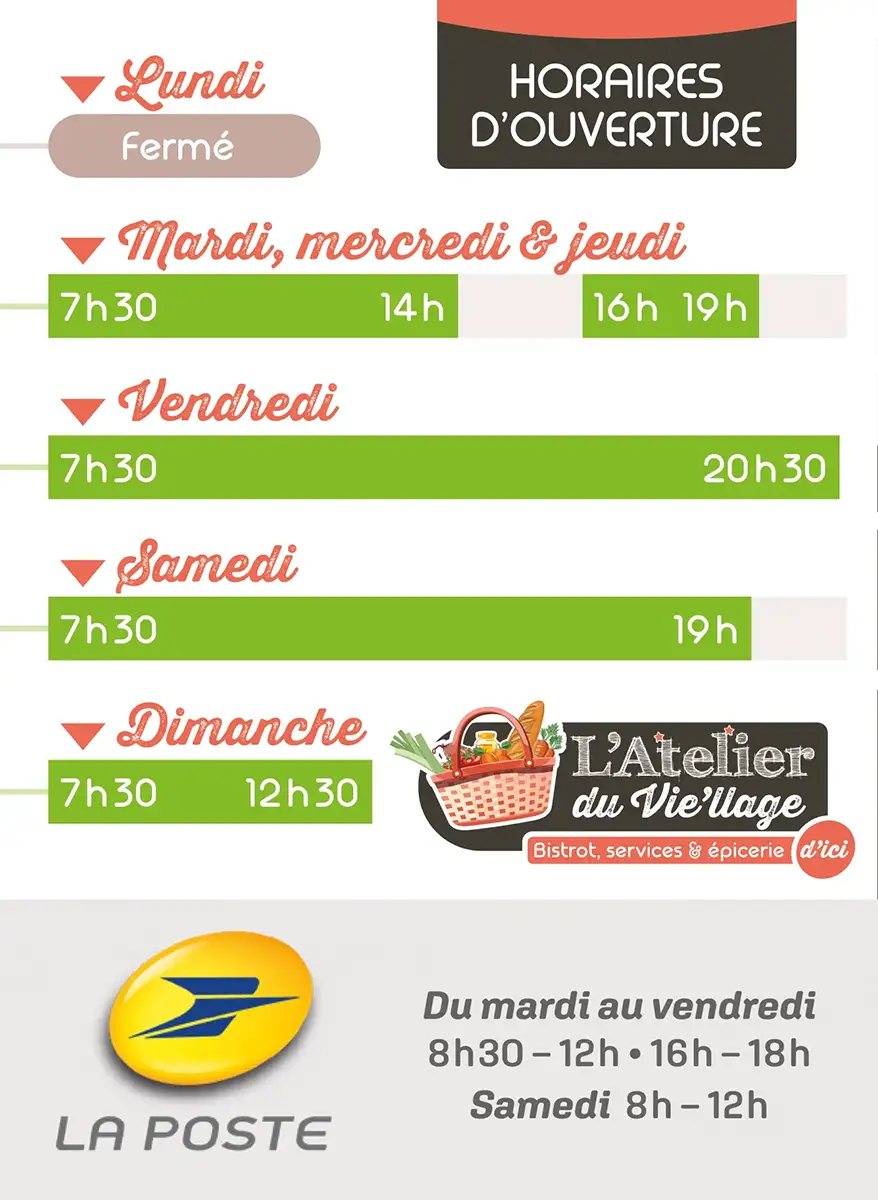 Horaires d'ouverture de l'Atelier du Vie'llage • Épicerie à Claveyson • 26240 • Drôme des Collines